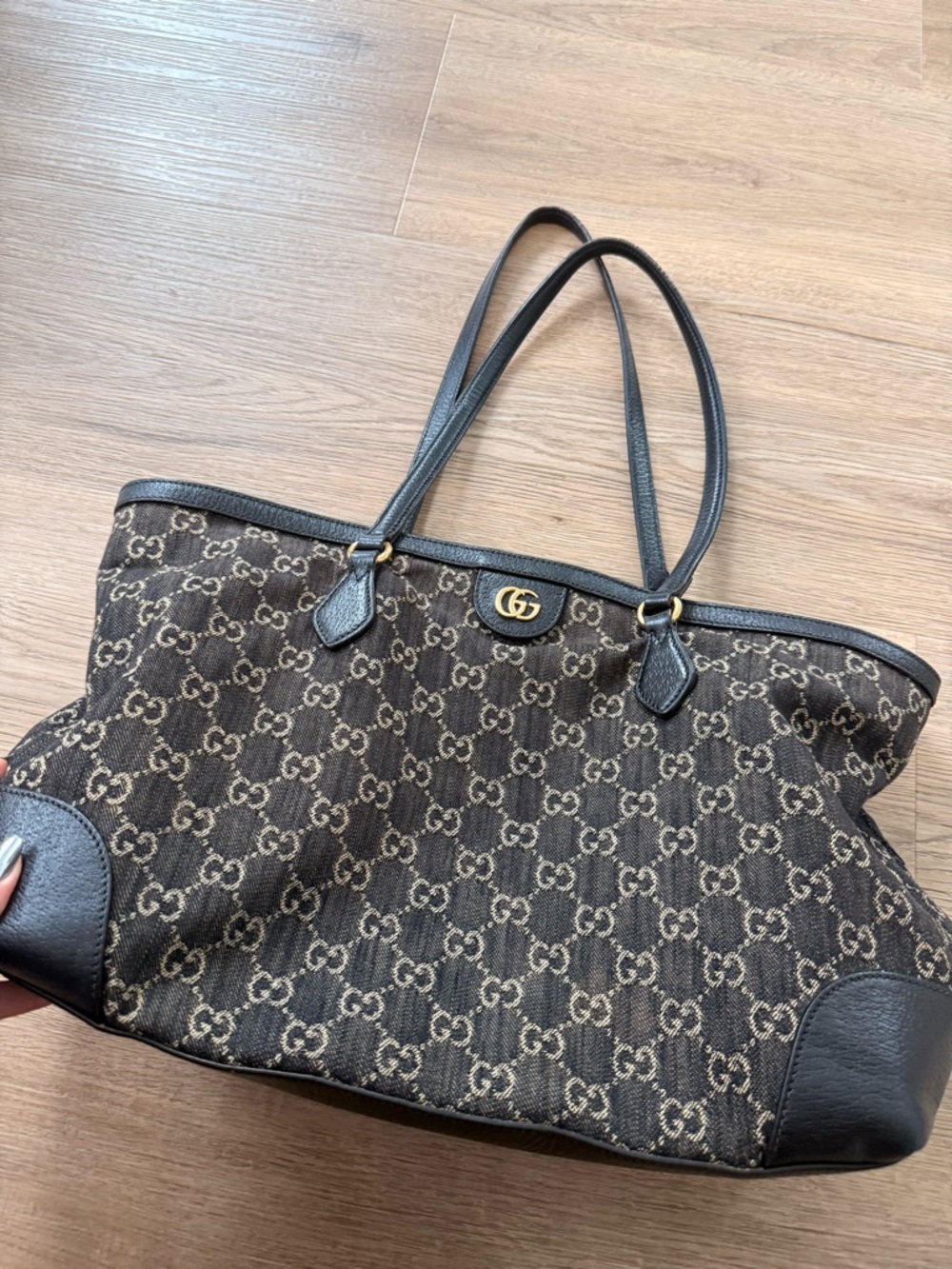 Gucci Brown GG Supreme Canvas Tote with Black Leather Trim
